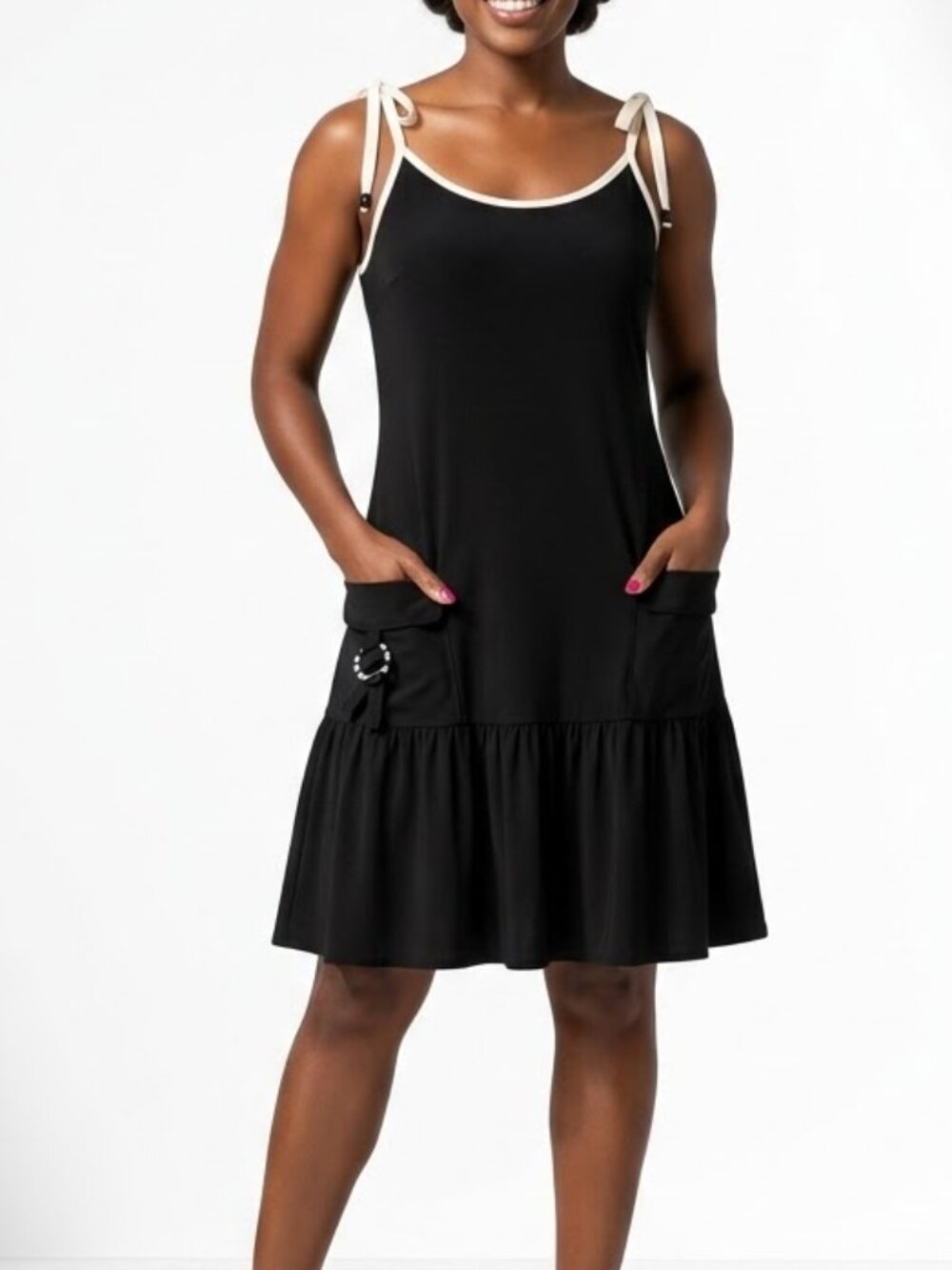 Joseph Ribkoff Whimsigoth Drop Waist Dress Black Contrast Tie Strap Pockets 12